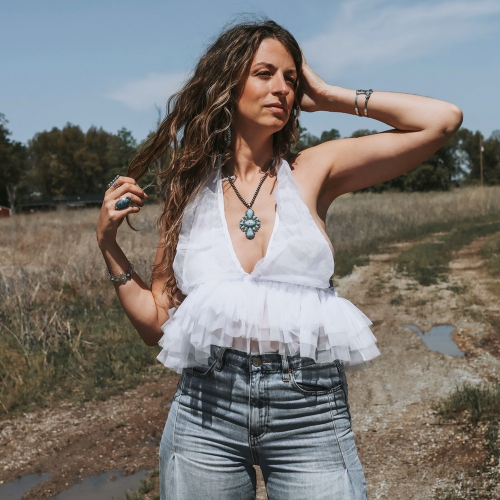New White Boho Tulle Babydoll Tank Top